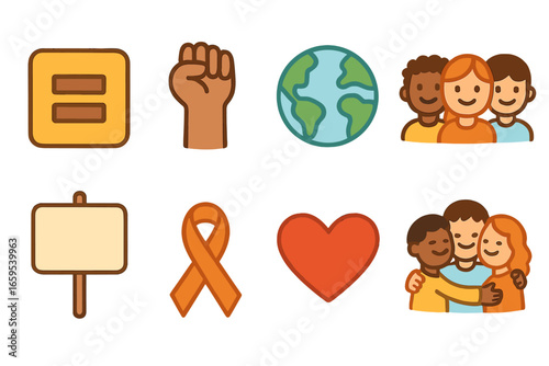Social Justice Icons. Flat vector mini-illustrations social justice protests in colors children's