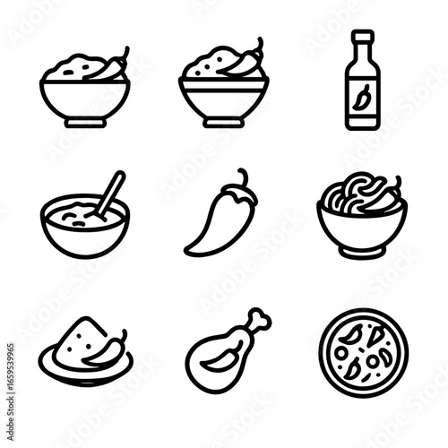 Chili Dishes Icon Grid. Outline icon set of chili dishes: chili con carne, spicy salsa, hot sauce, chili stew, stuffed chili,