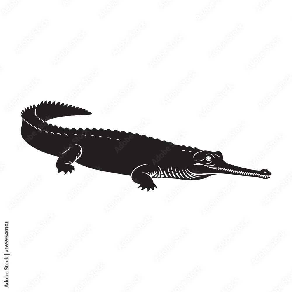 Naklejka premium Distinct Gharial Silhouette Highlighting Aquatic Fish-Eating Lifestyle – Gharial Illustration – Silhouette of Gharial