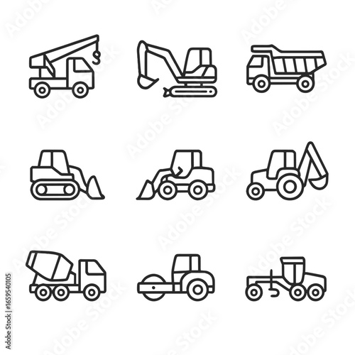 Heavy Machinery Icons. Outline icon set of heavy machinery: crane truck, excavator, dump truck, bulldozer, loader, backhoe,