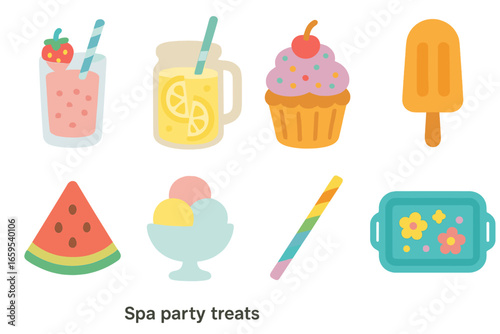 Spa Party Treats. Flat vector mini-illustrations spa party treats in colors children's illustrations: fruit