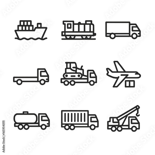 Heavy Transport Icons. Outline icon set of heavy transport modes: cargo ship, freight train, semi-truck, flatbed truck, bulldozer