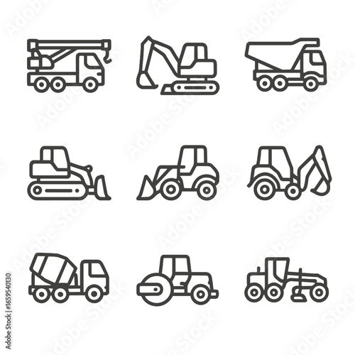 Heavy Machinery Icons. Outline icon set of heavy machinery: crane truck, excavator, dump truck, bulldozer, loader, backhoe,