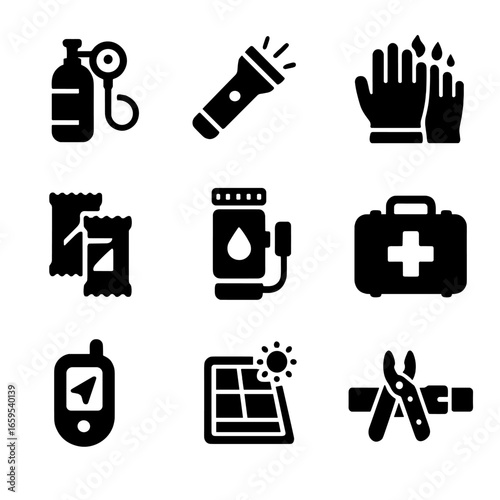 Space Survival Tools Icons. Solid, filled icons set of space survival fashion tools: compact oxygen supply,