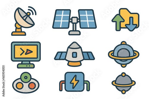 Space Tech Icons. Flat vector mini-illustrations Space technology onboard in colors children's illustrations: