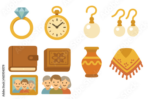 Heirloom Icons Grid. Flat vector mini-illustrations precious heirlooms in colors children's illustrations: diamond ring, gold