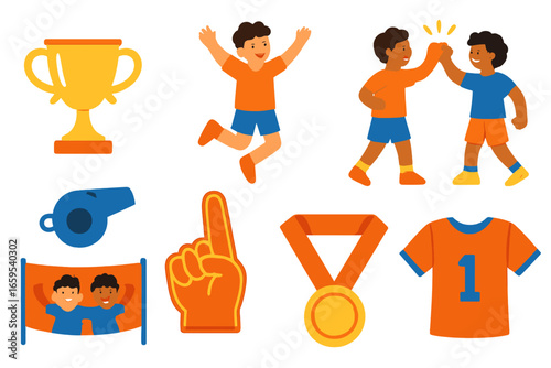 Sports Victory Icons. Flat vector mini-illustrations Sports team winning moment in colors children's