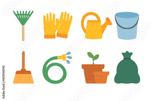 Spring Cleaning Icons. Flat vector mini-illustrations garden spring cleaning in colors children's