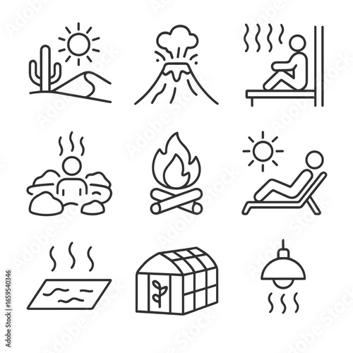 Hot Environments Icons. Outline icon set of hot environments: desert, volcano eruption, sauna, hot spring, fire pit, sunbathing,