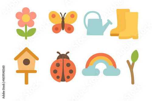 Springtime Icons Grid. Flat vector mini-illustrations spring season in colors children's illustrations: