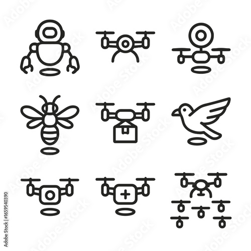 Hover Robotics Icons. Outline icon set of hover robotics: hovering robot, drone with arms, autonomous flying device, robotic
