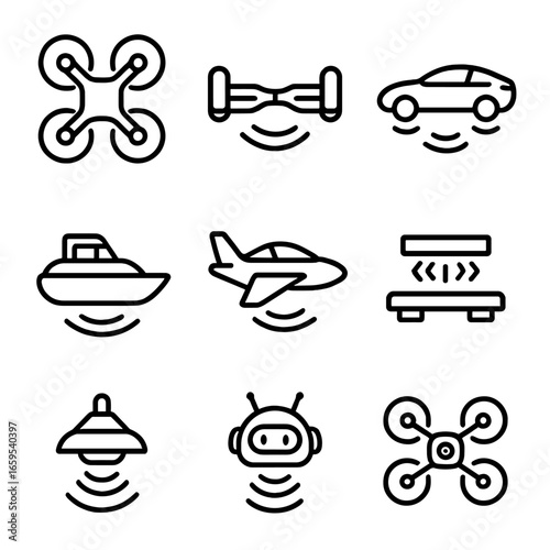 Hover Technology Icons. Outline icon set of hover technology: drone, hoverboard, hovercar, hovercraft, flying car, magnetic