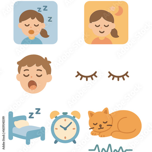 Stages of Sleep Icons. Flat vector mini-illustrations stages of sleep in colors children's illustrations: NREM