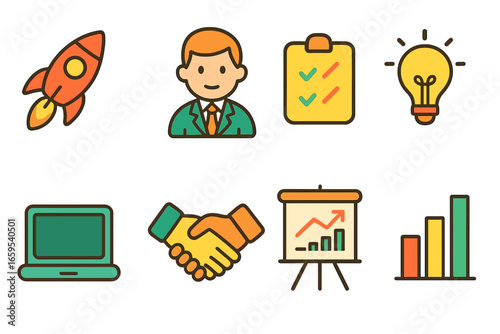 Startup Icons for Kids. Flat vector mini-illustrations Startup consulting in colors children's illustrations: