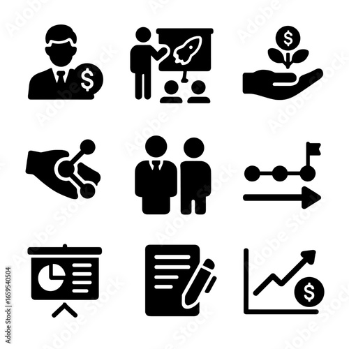 Startup Icons Grid. Solid, filled icons set of investor and startup cooperation: investor icon, startup pitch,