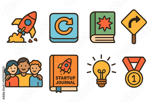 Startup Success Journey. Flat vector mini-illustrations Startup failure and learning in colors children's