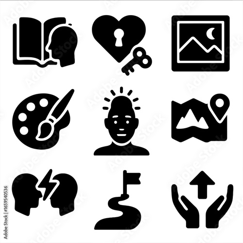 Storytelling Icons Grid. Solid, filled icons set of emotional storytelling elements: narrative, symbolism,