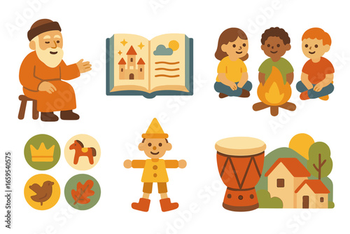 Storytime Magic Icons. Flat vector mini-illustrations traditional storytelling in colors children's