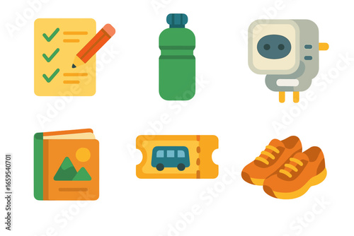 Student Travel Essentials. Flat vector mini-illustrations Travel tips for student explorers in colors children