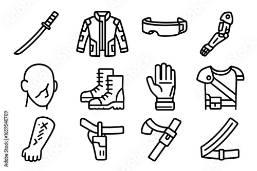 Street Samurai Icons. Outline vector icons of street samurai aesthetics: katana, armored coat, tech visor,