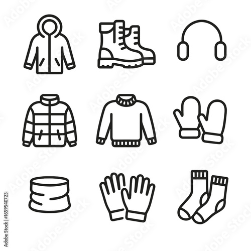 Cold Weather Clothing Icons. Outline icon set of cold clothing: parka, winter boots, earmuffs, thermal socks, insulated jacket,