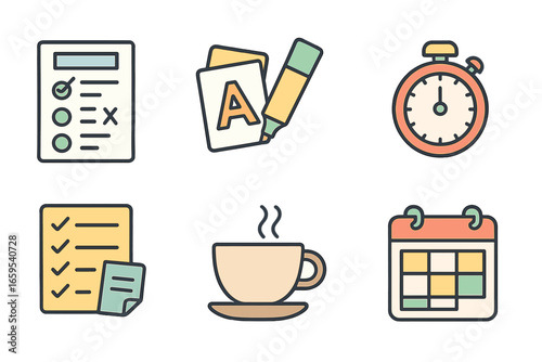 Study Essentials Icons. Flat vector mini-illustrations Exam preparation tracker in colors children's