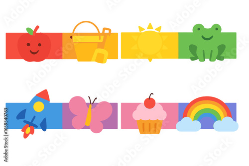 Color Band Grid. Flat vector mini-illustrations color bands in colors children's illustrations: red band, orange band, yellow band
