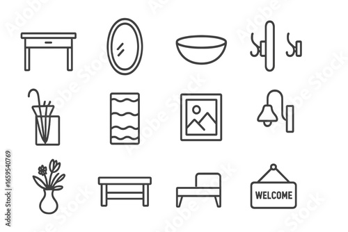 Stylish Entryway Icons. Outline icon set of entryway styling with mirrors: entry table, oval mirror, key bowl,