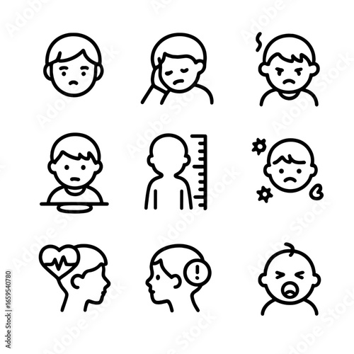 Iron Deficiency Icons. Outline icon set of iron deficiency symptoms in children: pale skin, fatigue, irritability, poor appetite,