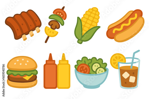 Summer Cookout Delights. Flat vector mini-illustrations Summer cookout foods in colors children's