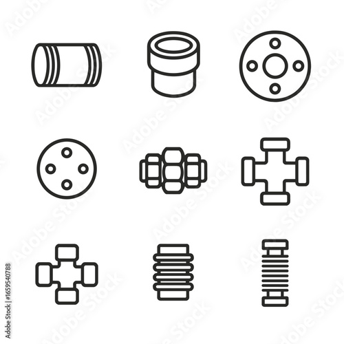 Iron Pipe Fittings Icons. Outline icon set of iron pipe fittings: threaded pipe, socket weld, slip-on flange, blind flange, union,