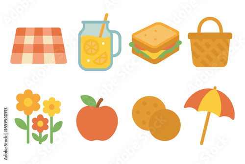 Summer Picnic Icons. Flat vector mini-illustrations summer picnic setup in colors children's illustrations: