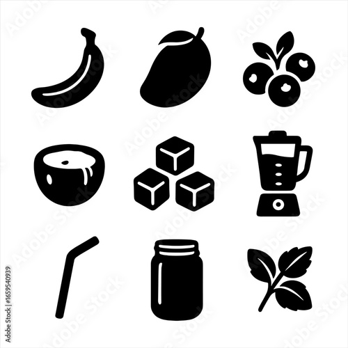 Summer Smoothie Icons. Solid, filled icons set of summer fruit smoothies ingredients: banana, mango, berries,