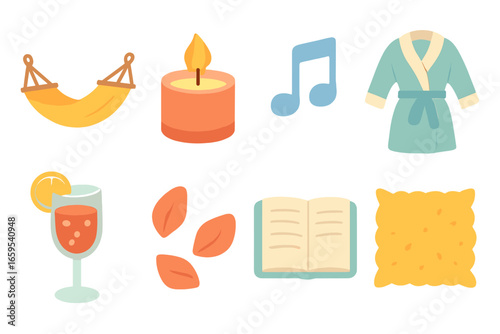 Summer Spa Icons. Flat vector mini-illustrations relaxing moments in colors children's illustrations: hammock,