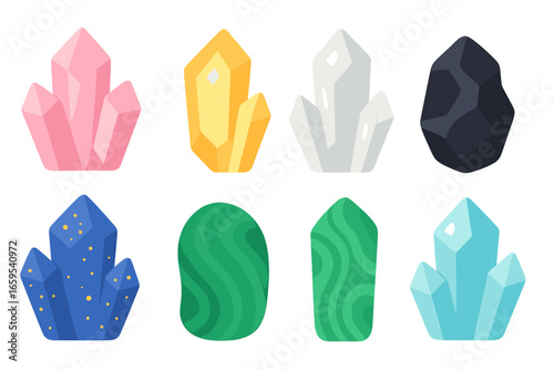 Colorful Crystal Illustrations. Flat vector mini-illustrations precious crystals in colors children's illustrations: rose quartz,