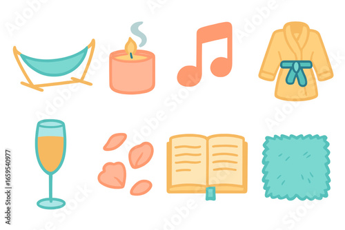 Summer Spa Icons. Flat vector mini-illustrations relaxing moments in colors children's illustrations: hammock,