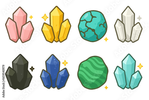 Colorful Crystal Illustrations. Flat vector mini-illustrations precious crystals in colors children's illustrations: rose quartz,
