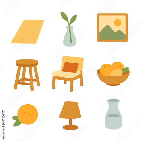 Sunlit Minimalist Interior. Flat vector mini-illustrations Sunlit minimalist interior scene in colors children