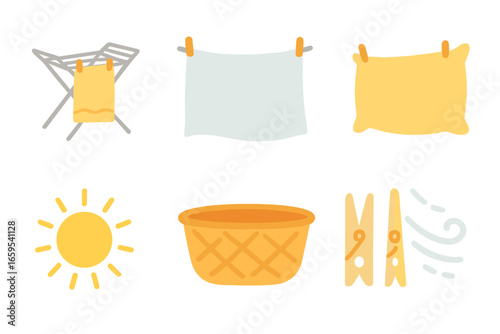 Sunny Laundry Day Icons. Flat vector mini-illustrations sunny day laundry in colors children's illustrations: