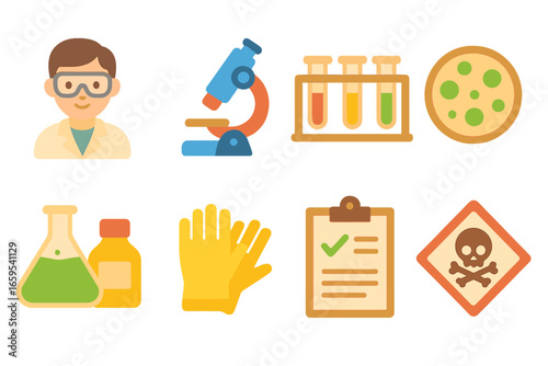 Lab Equipment Icons. Flat vector mini-illustrations toxicity testing in colors children's illustrations: lab technician,