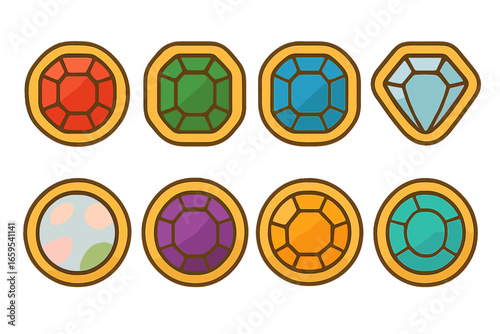 Colorful Gemstone Bezels. Flat vector mini-illustrations gemstone bezels in colors children's illustrations: ruby bezel, emerald
