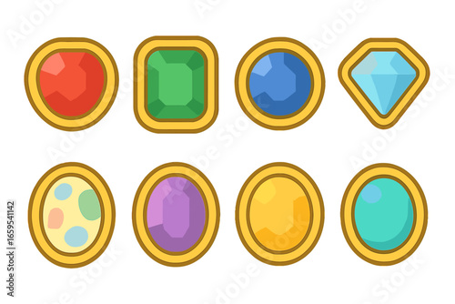 Colorful Gemstone Bezels. Flat vector mini-illustrations gemstone bezels in colors children's illustrations: ruby bezel, emerald
