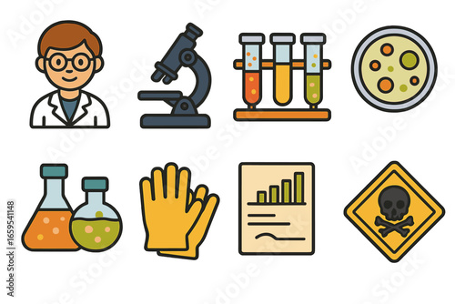 Lab Equipment Icons. Flat vector mini-illustrations toxicity testing in colors children's illustrations: lab technician,