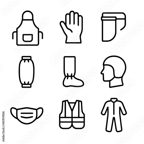 LDPE Gear Icons. Outline icon set of LDPE protective gear: apron, glove, face shield, protective sleeve, boot cover, helmet liner,