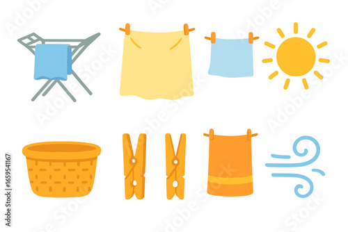 Sunny Laundry Day Icons. Flat vector mini-illustrations sunny day laundry in colors children's illustrations: