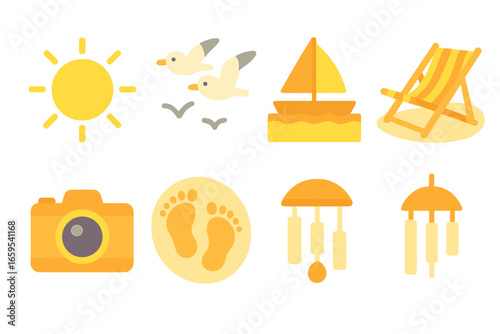 Sunset Beach Icons. Flat vector mini-illustrations sunset on the coast in colors children's illustrations: