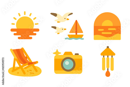Sunset Beach Icons. Flat vector mini-illustrations sunset on the coast in colors children's illustrations: