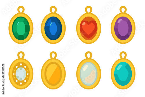 Colorful Gemstone Lockets. Flat vector mini-illustrations gemstone lockets in colors children's illustrations: emerald locket,