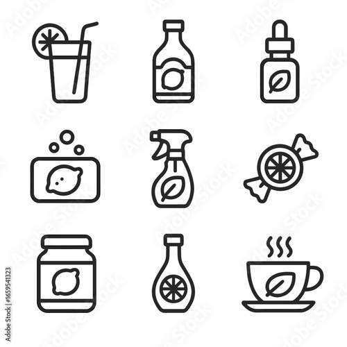 Lemon Product Icons. Outline icon set of lemon products: lemonade glass, lemon syrup bottle, lemon essential oil, lemon soap,