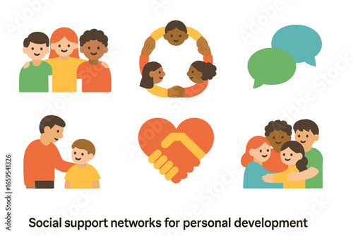 Support Network Icons. Flat vector mini-illustrations Social support networks for personal development in
